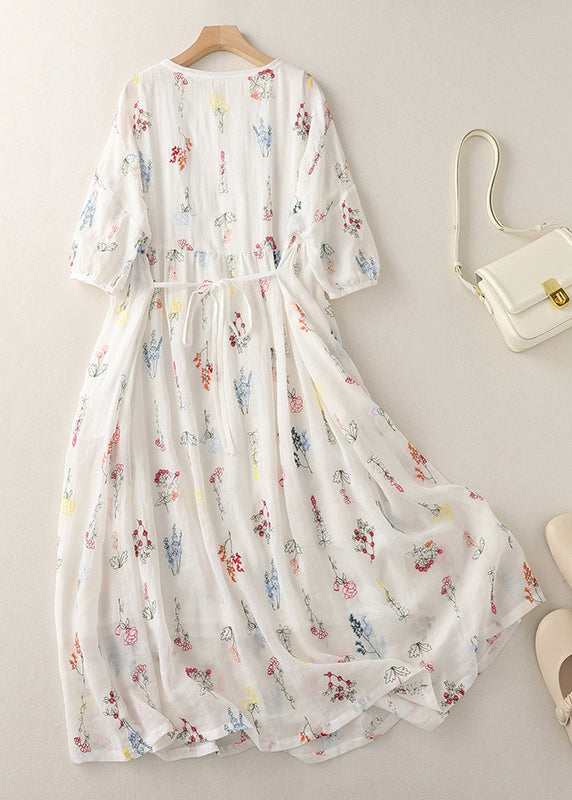 New White O-neck Lace Up Cotton Dresses Half Sleeve