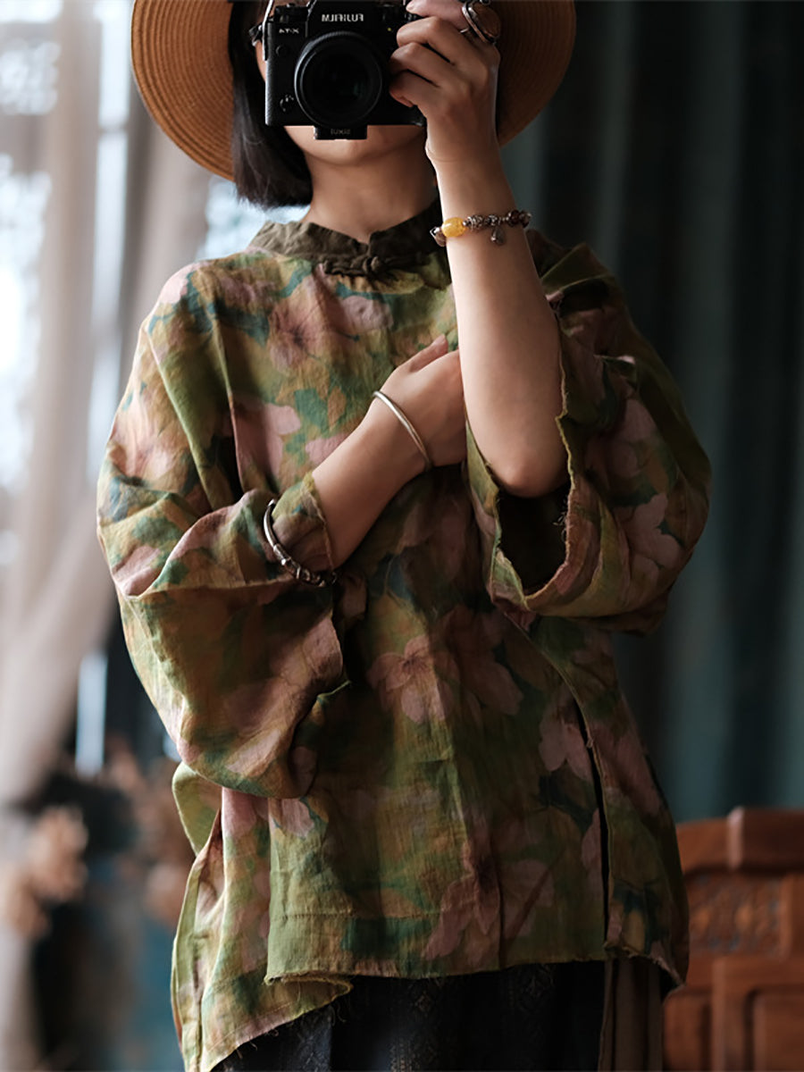 Autumn Flower Stand Collar Ramie Blouse