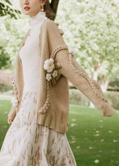 Khaki V Neck Patchwork Cable Knit Cardigan Fall