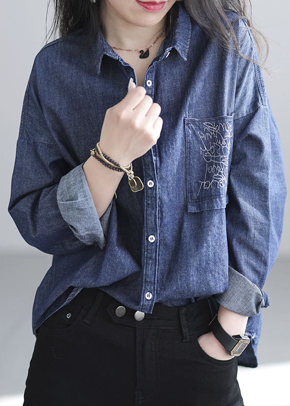 Navy Embroidered Denim Shirt Spring