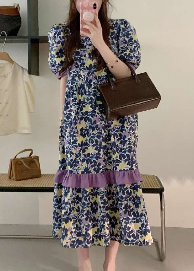 Pink Print Patchwork Cotton Long Dress Summer