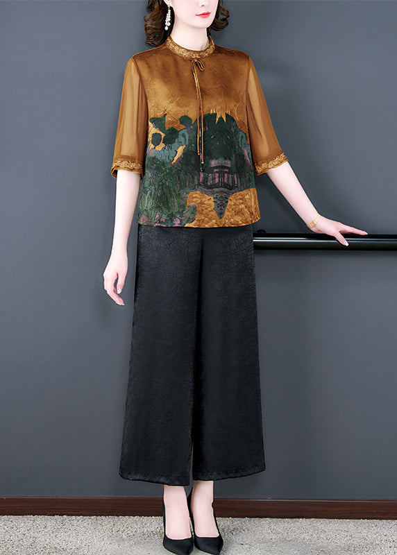 Green Print Tops and Pants Silk Two Pieces Set Summer