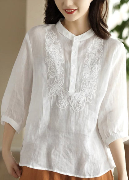 Orange Stand Collar Embroidered Shirt Long Sleeve