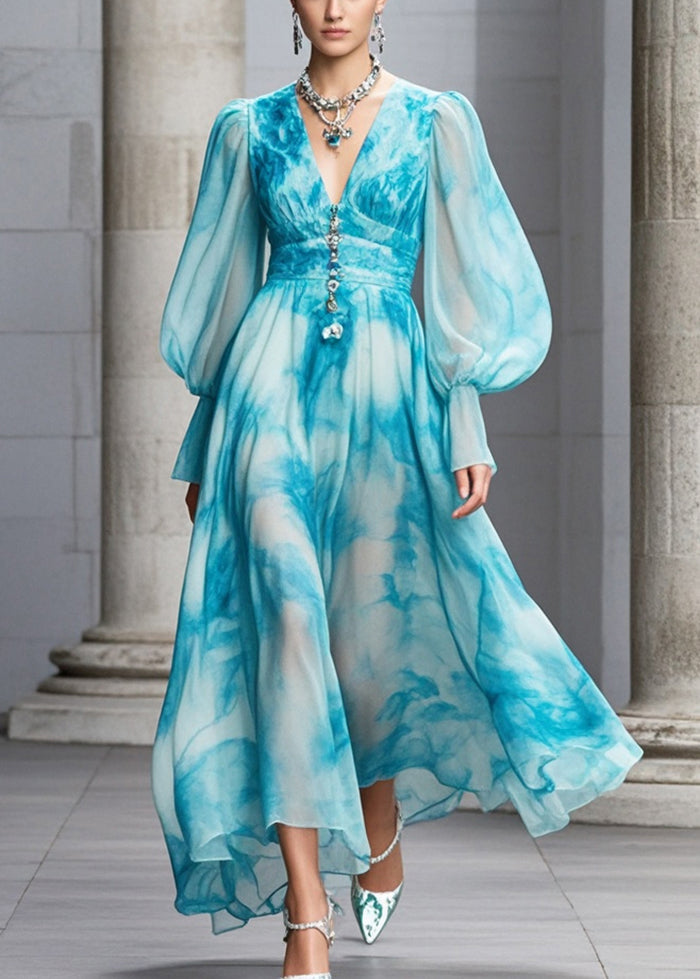 Blue V Neck Tie Dye Chiffon Maxi Dresses Fall