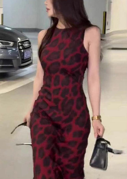 Slim Fit Leopard O Neck High Waist Cotton Dress Sleeveless