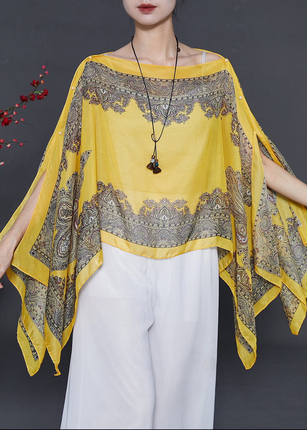 Yellow Oversized Print Chiffon Beach Top Summer