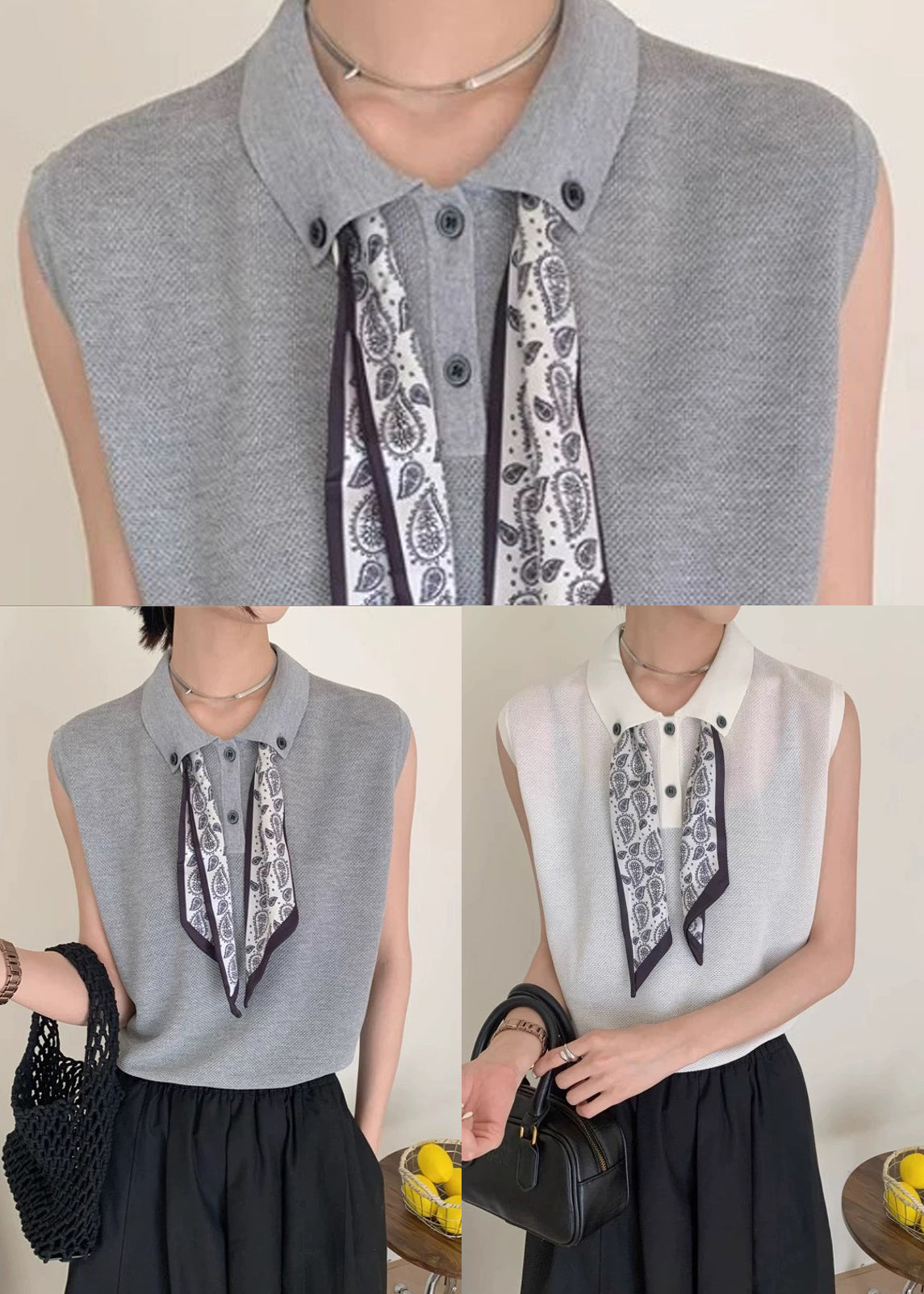 Grey Peter Pan Collar Scarves Knit Shirt Top Sleeveless