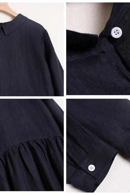 Linen Color Doll Collar Long Sleeves Dress