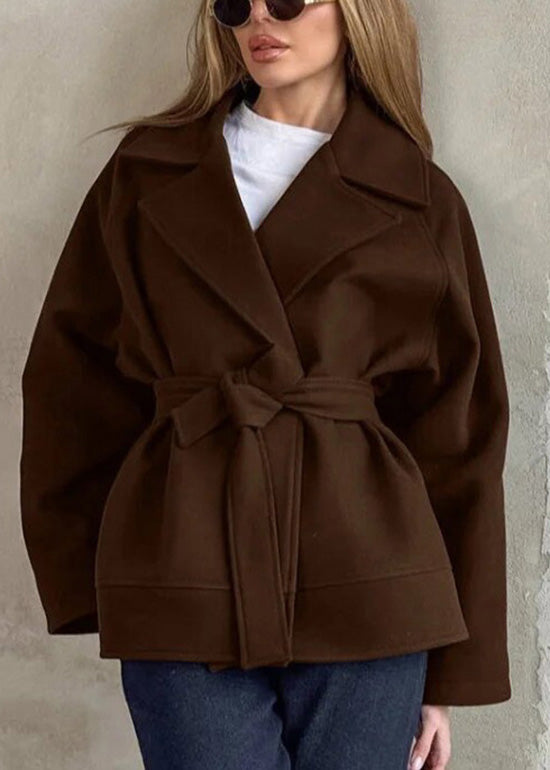Boutique Coffee Peter Pan Collar Lace Up Woolen Coats Winter