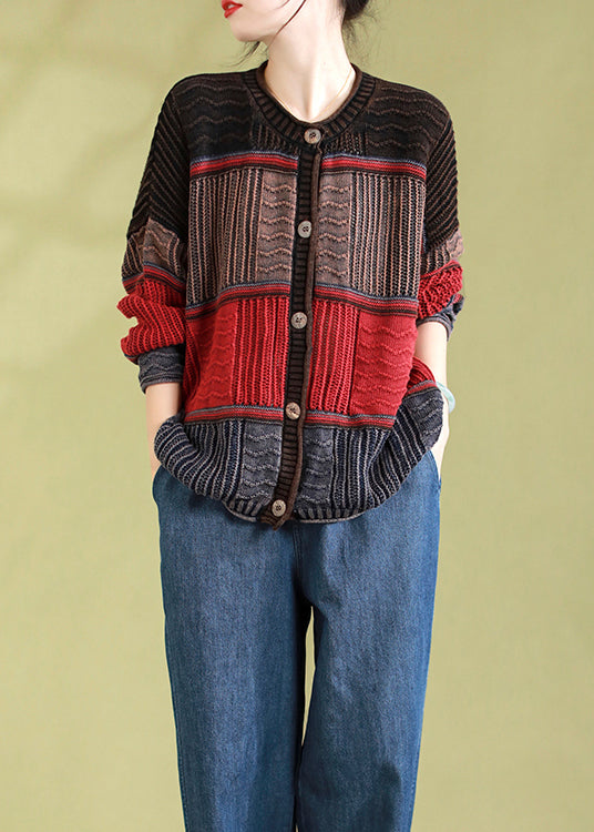 Red Patchwork Knit Cardigan O Neck Button Spring