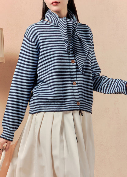 Blue Scarf Striped Button Knit Sweater Winter