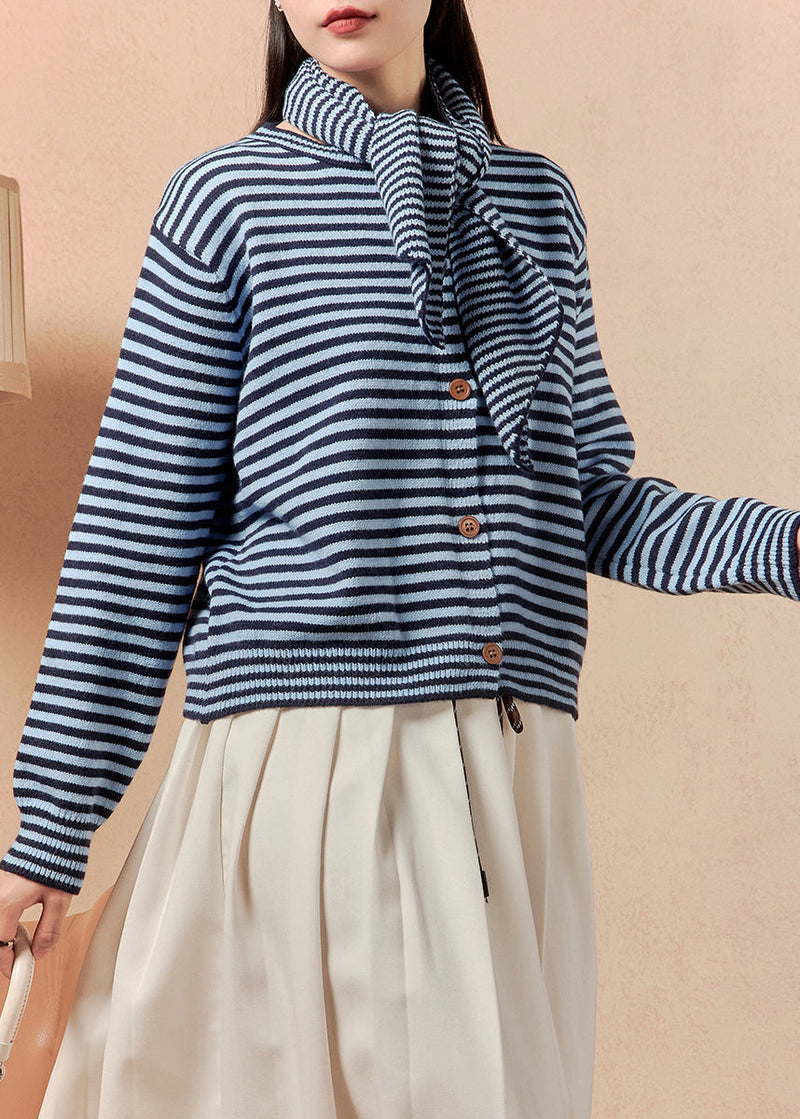 Blue Scarf Striped Button Knit Sweater Winter