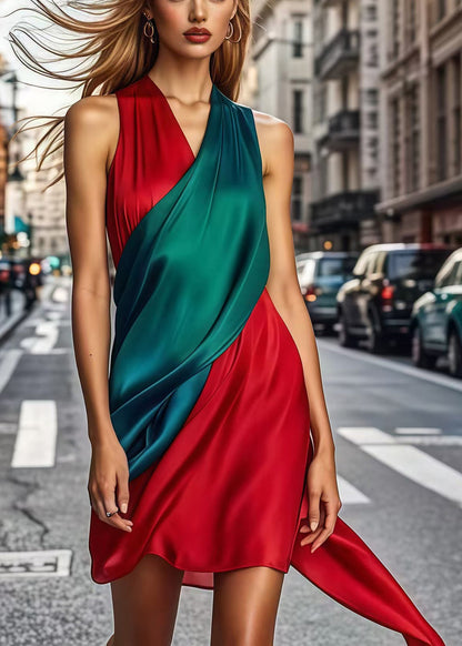 Colorblock Asymmetrical Patchwork Silk Work Dress Sleeveless