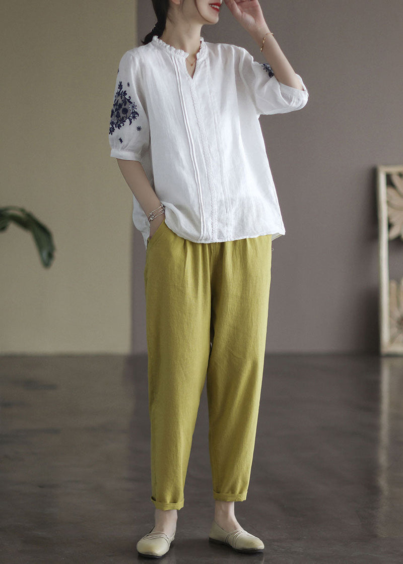 White V Neck Lace Patchwork Linen Shirt Top Short Sleeve