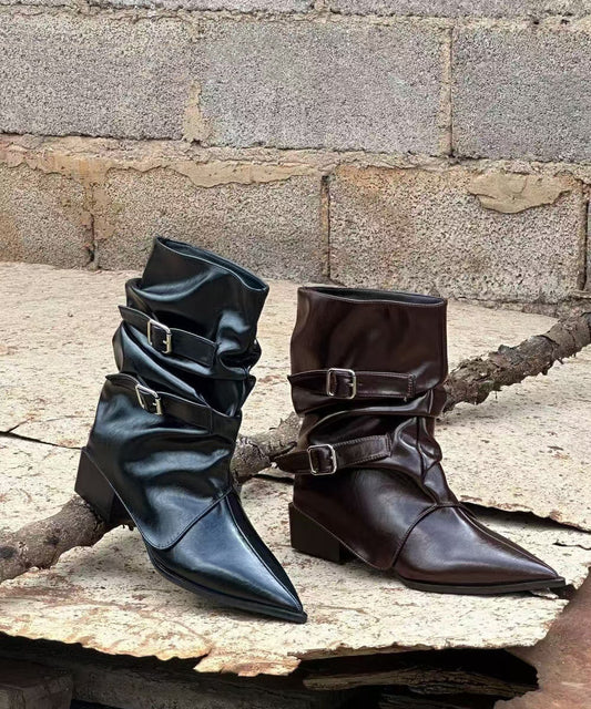 Splicing Chunky Boots Black Faux Leather Pointed Toe