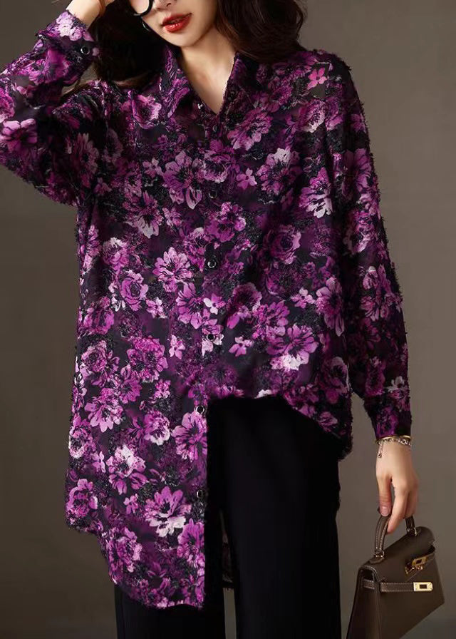 Purple Print Peter Pan Collar Button Chiffon Shirts Fall