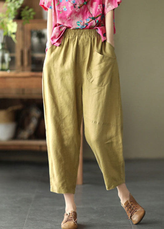 Boutique Yellow Pockets Patchwork Linen Crop Pants Summer