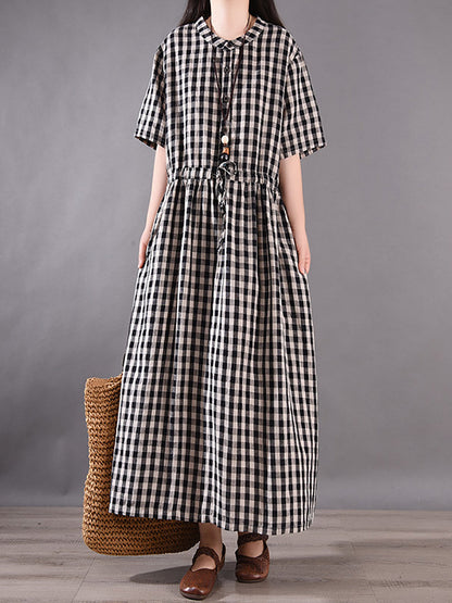 Summer Plaid Strap Linen Cotton Dress