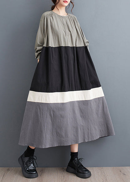 Black O Neck Patchwork Cotton Long Dress Fall