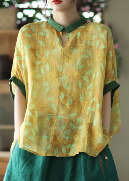 Yellow Patchwork Ramie Shirt Short Sleeve