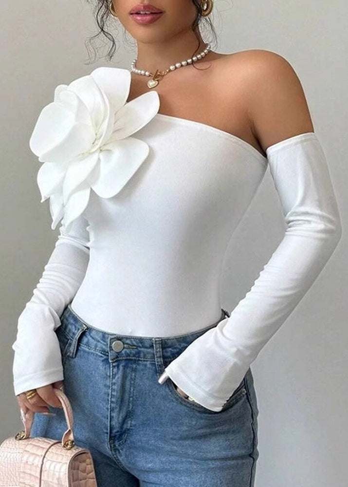 French White Cold Shoulder Cotton Top Long Sleeve