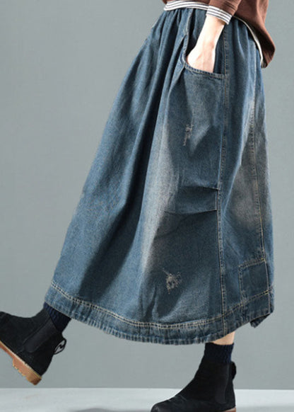 Blue Elastic Waist Pockets Patchwork Fall Denim Skirt