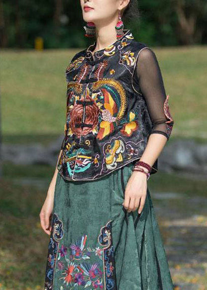 Black Stand Collar Embroidered Patchwork Silk Vest Sleeveless