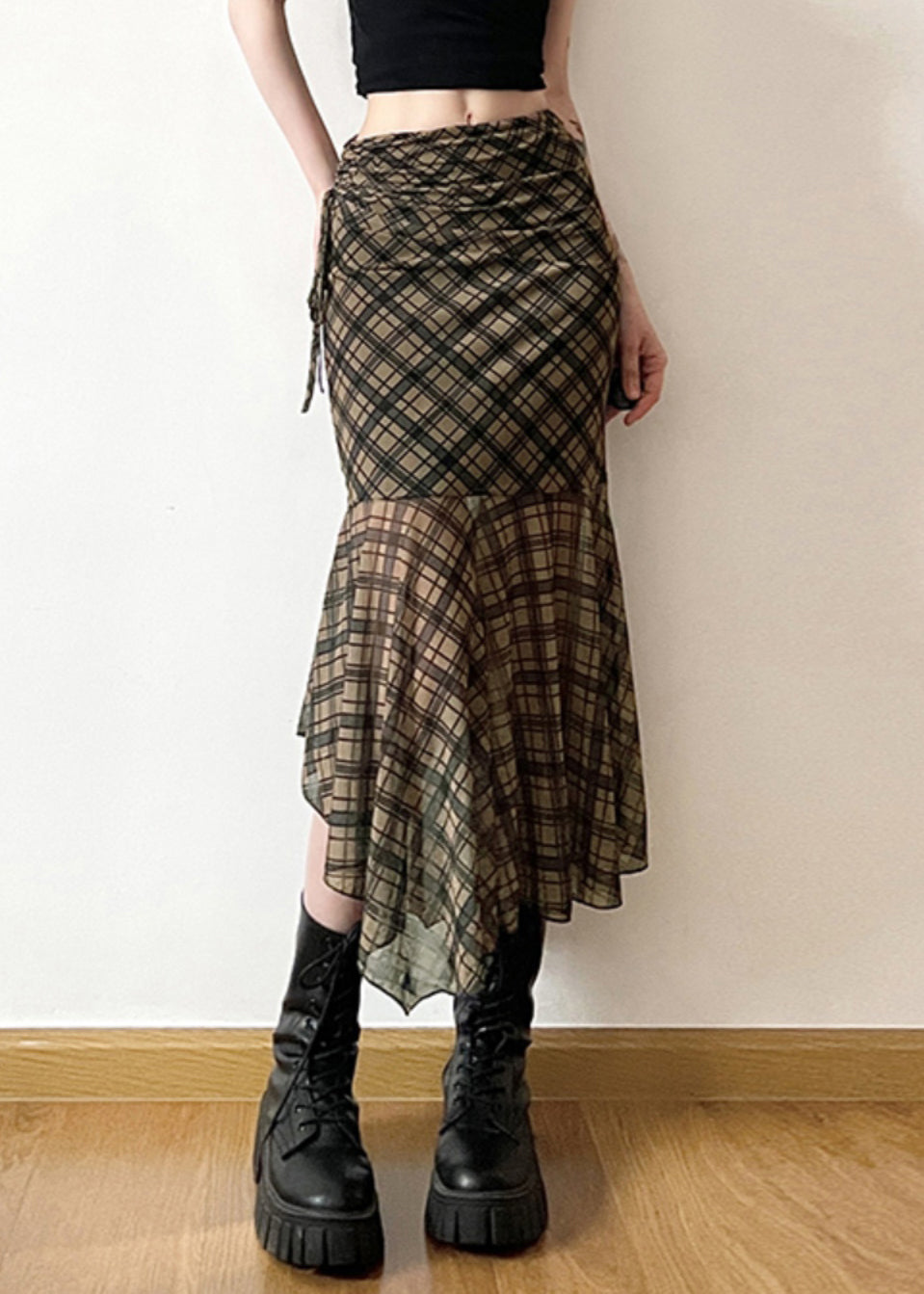 Boutiqu Asymmetrical Plaid Patchwork High Waist Maxi Skirt Summer