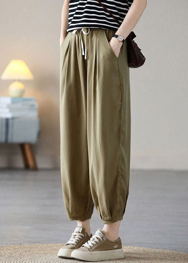 Natural Khaki Elastic Waist Drawstring Pockets Draping Silk Crop Pants Spring