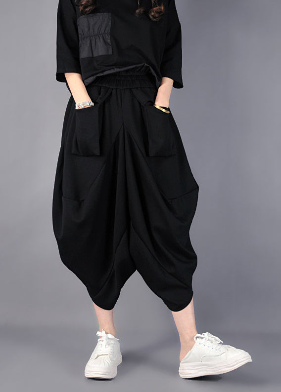 Black Asymmetrical Cotton Harem Pants Spring