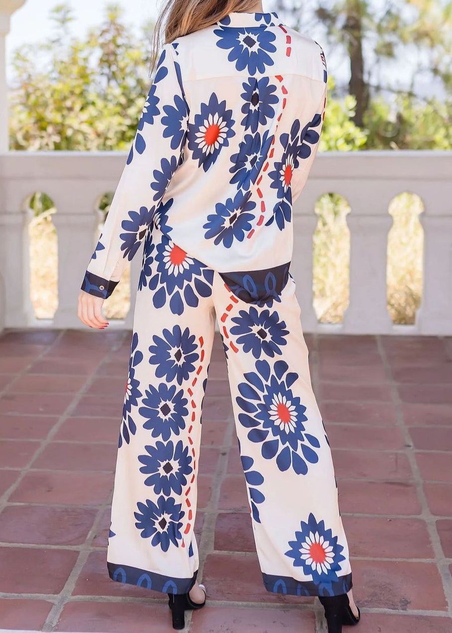 Fine Blue Print Tops and Pants Silk Two Pieces Set Long Sleeve