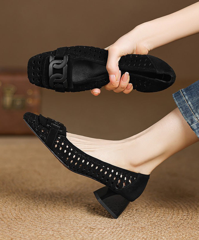 Blue Chunky Heels Suede Hollow Out Splicing