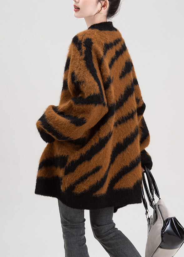 Coffee V Neck Striped Button Knit Cardigans Fall