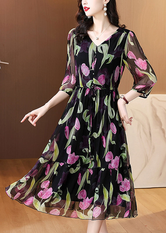 Black V Neck Print Drawstring Chiffon Dress Summer