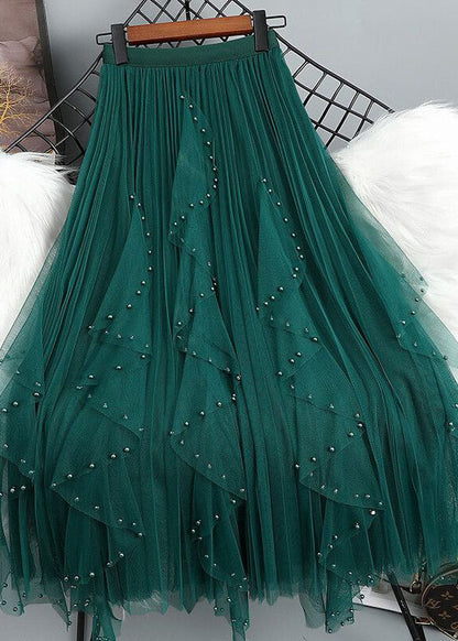 Green Nail Bead Patchwork Elastic Waist Tulle Maxi Skirt