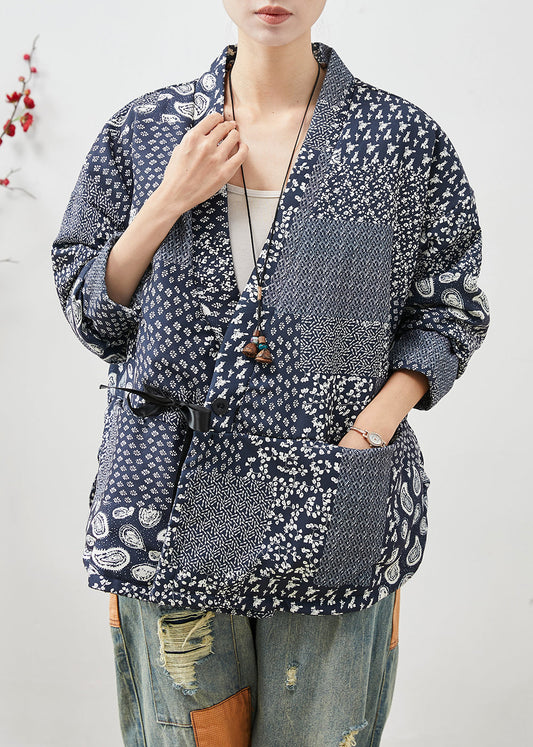 Navy Oversized Print Linen Coat Spring