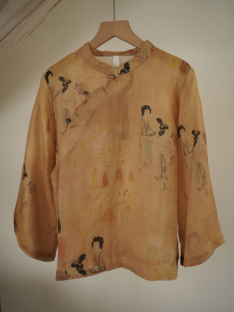 Print Ramie Stand Collar Loose Shirt