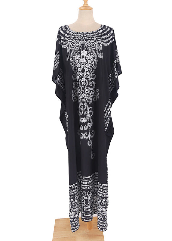 Black O Neck Print Chiffon Robe Dress Summer