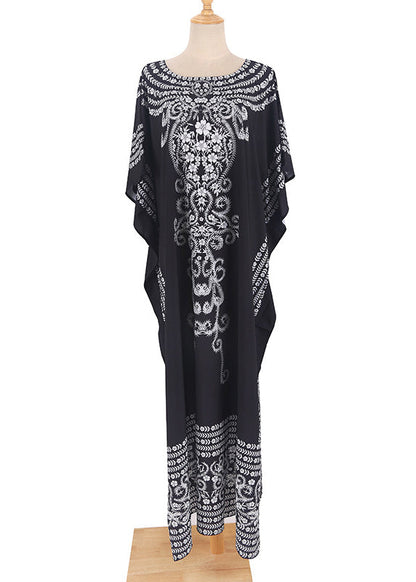 Black O Neck Print Chiffon Robe Dress Summer