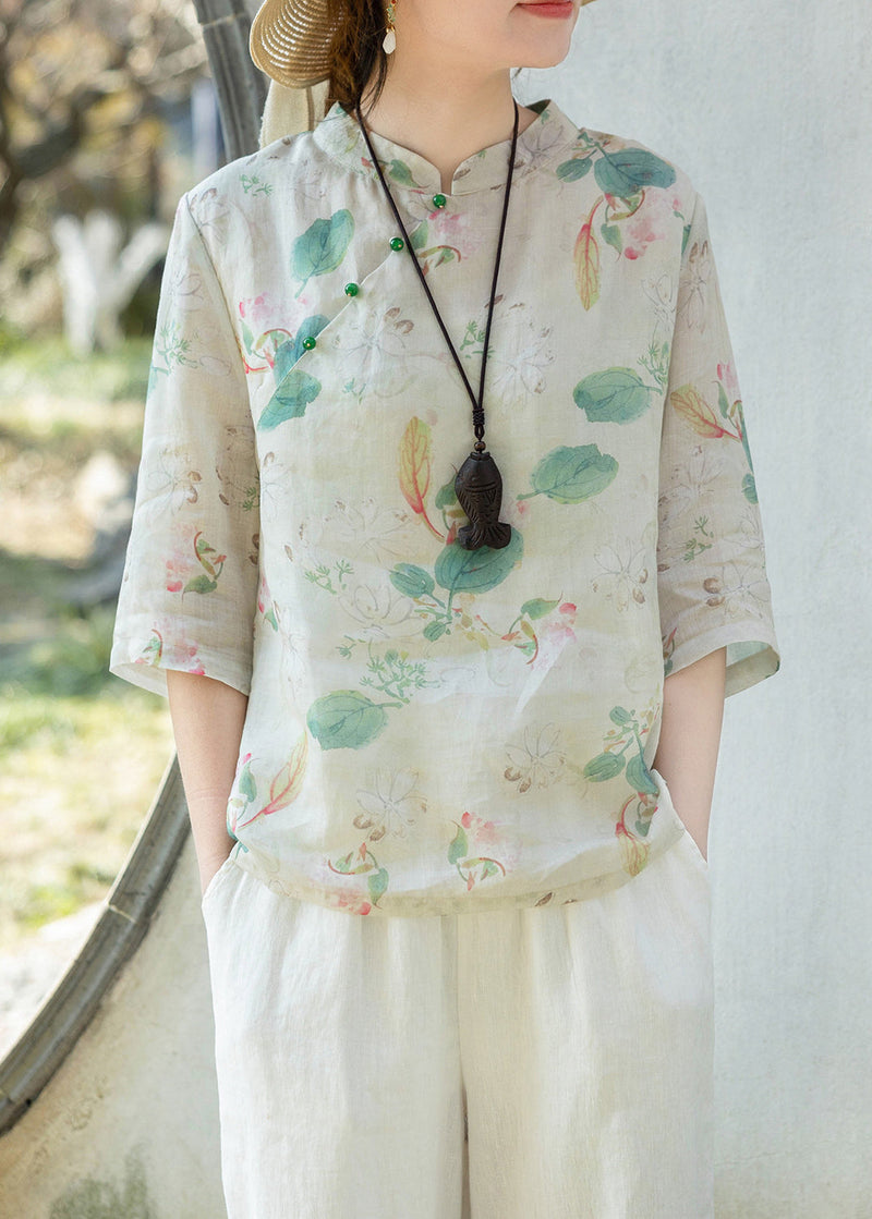 Green Print Stand Collar Button Linen Shirt Half Sleeve