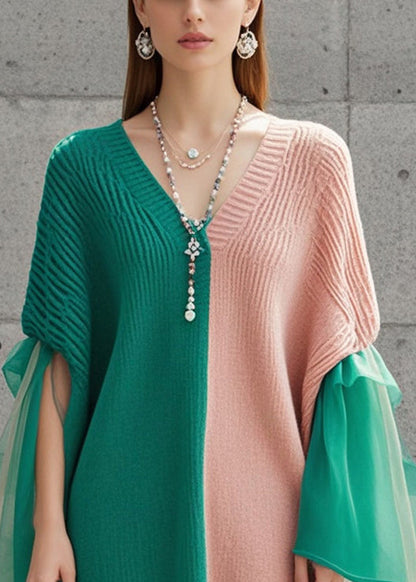 Colorblock Asymmetrical Patchwork Tulle Knit Dress Fall