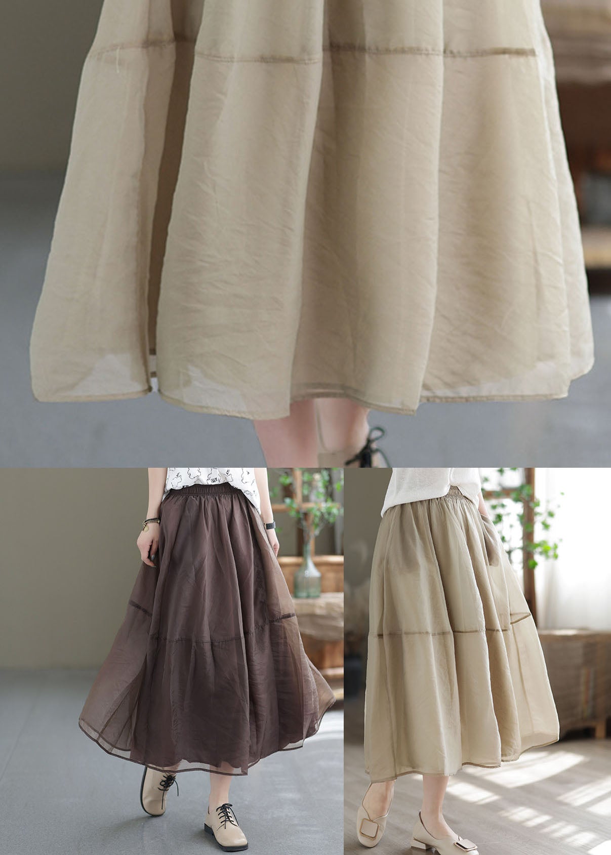 Chocolate Patchwork Organza a Line Skirts Elastic Waist Spring