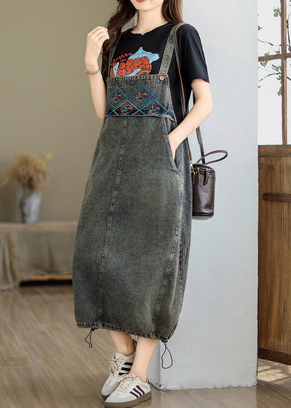 Grey Pockets Patchwork Drawstring Denim Maxi Dresses Summer