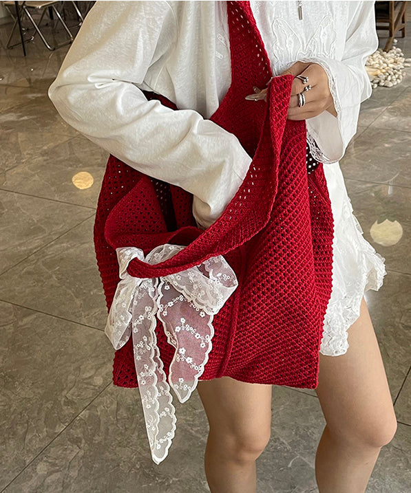Red Hollow Out Large Capacity Knit Shoulder Bags