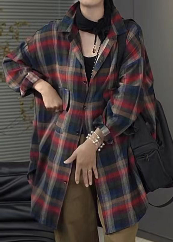 Peter Pan Collar Plaid Pockets Cotton Shirt Tops Fall