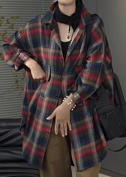 Peter Pan Collar Plaid Pockets Cotton Shirt Tops Fall