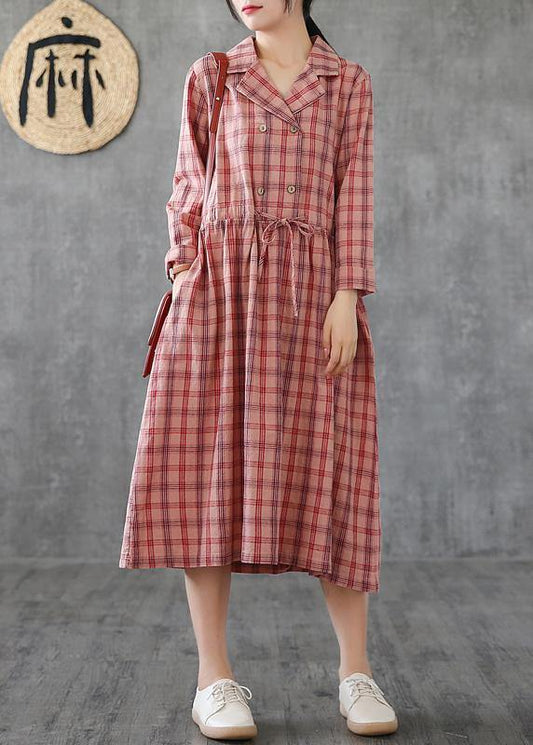 Loose Pink Plaid Linen Cotton Clothes Notched Drawstring Cotton Dress