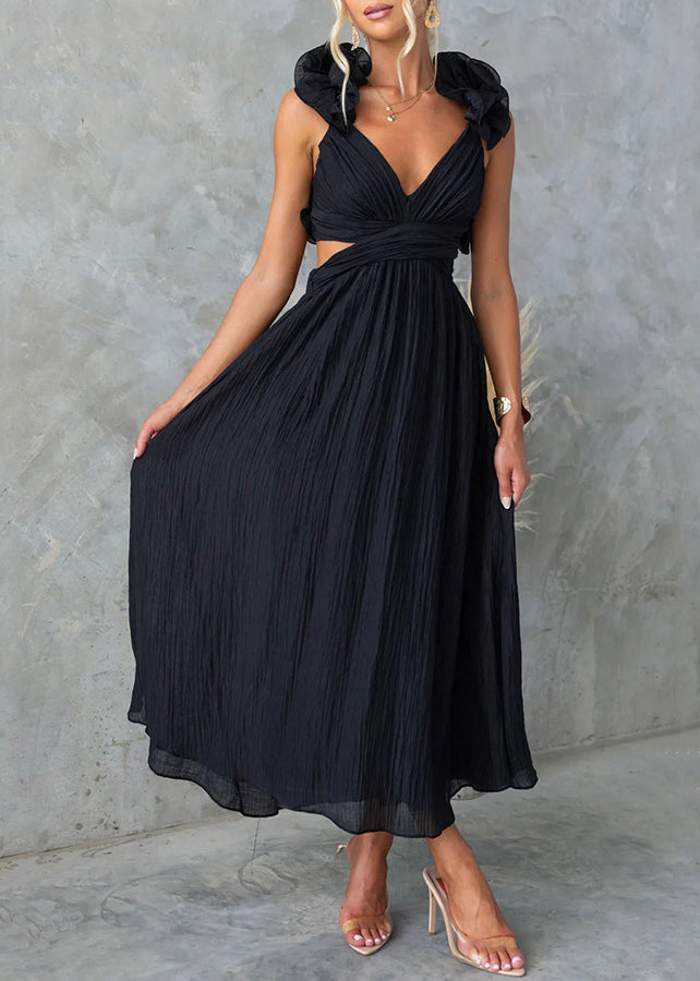 Black Elastic Waist Cotton Long Dresses V Neck Sleeveless