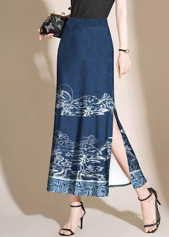 Navy Print Side Open Cotton Skirt Summer