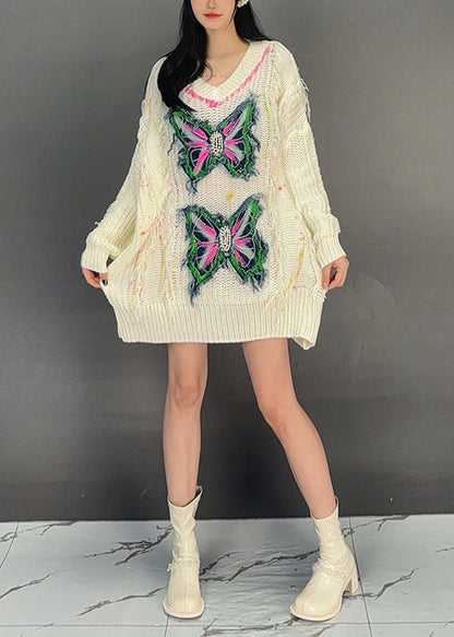 Beige V Neck Butterfly Knit Sweater Dress Fall